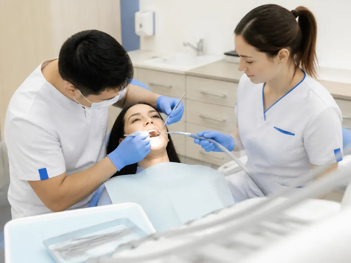 Follow-up visit: the dentist checks the result with a mirror while the assistant holds the saliva ejector — illustration for the "Follow-up visit" section