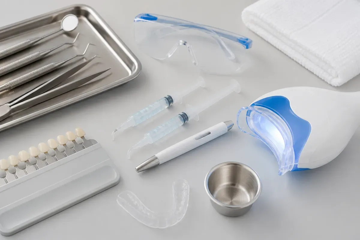 The instruments and materials used for this type of treatment, laid out on a light-colored surface — an illustration for the "In-office whitening" section