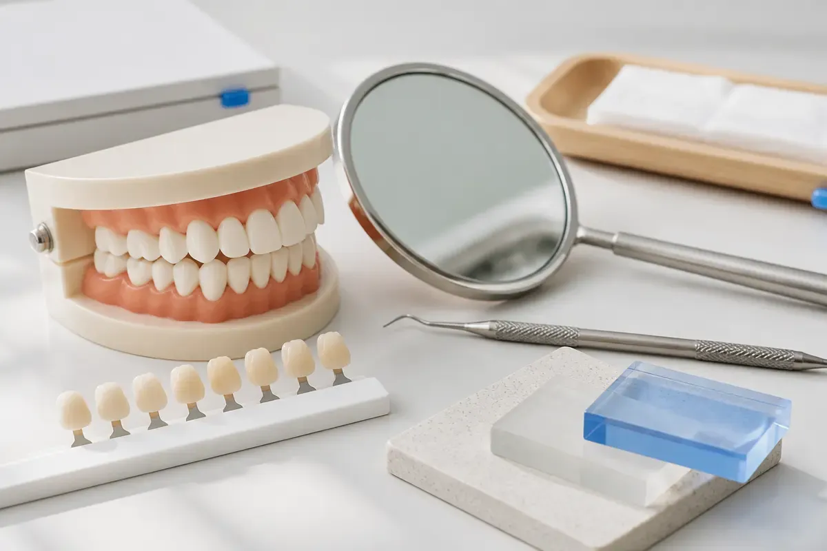 A jaw model and material samples on the dentist's table next to a mirror and probe — an illustration for the section "What influences the choice of system"