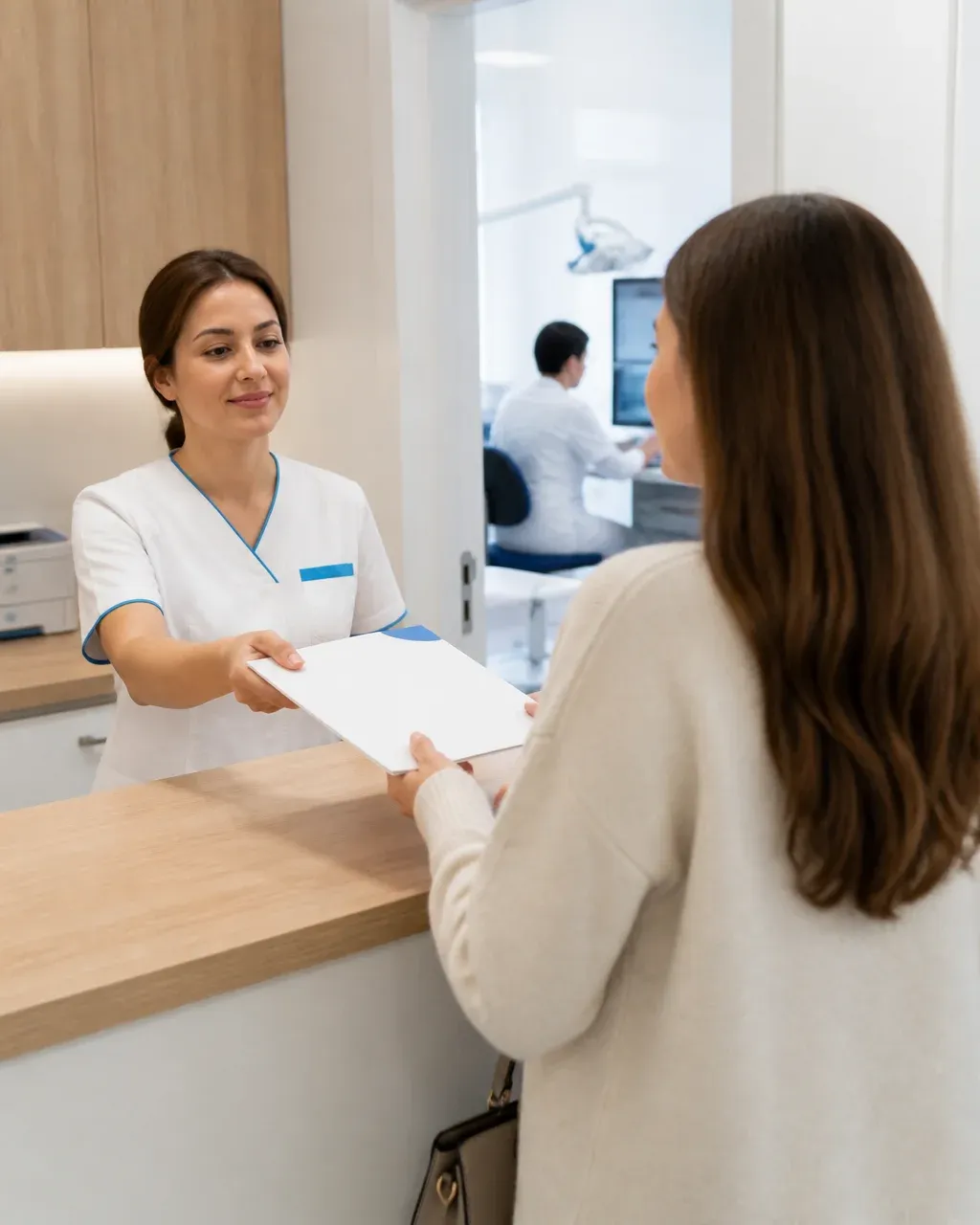 The clinic administrator gives the patient a treatment plan at the front desk