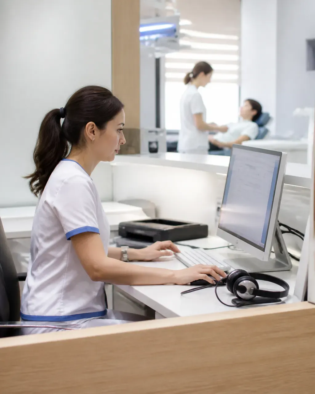 The clinic administrator answers patient messages at the front desk