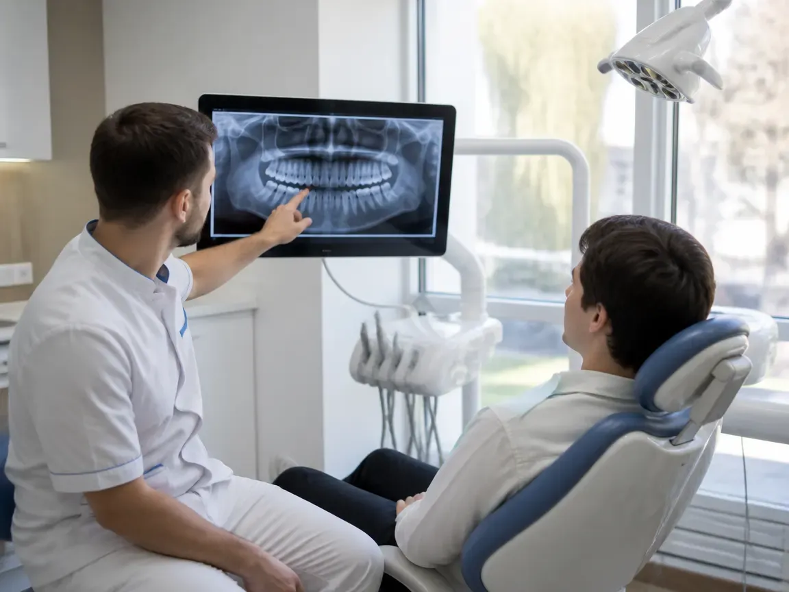 Consultation: doctor and patient at a screen with an X-ray — illustration for the section "Initial appointment and diagnostics"