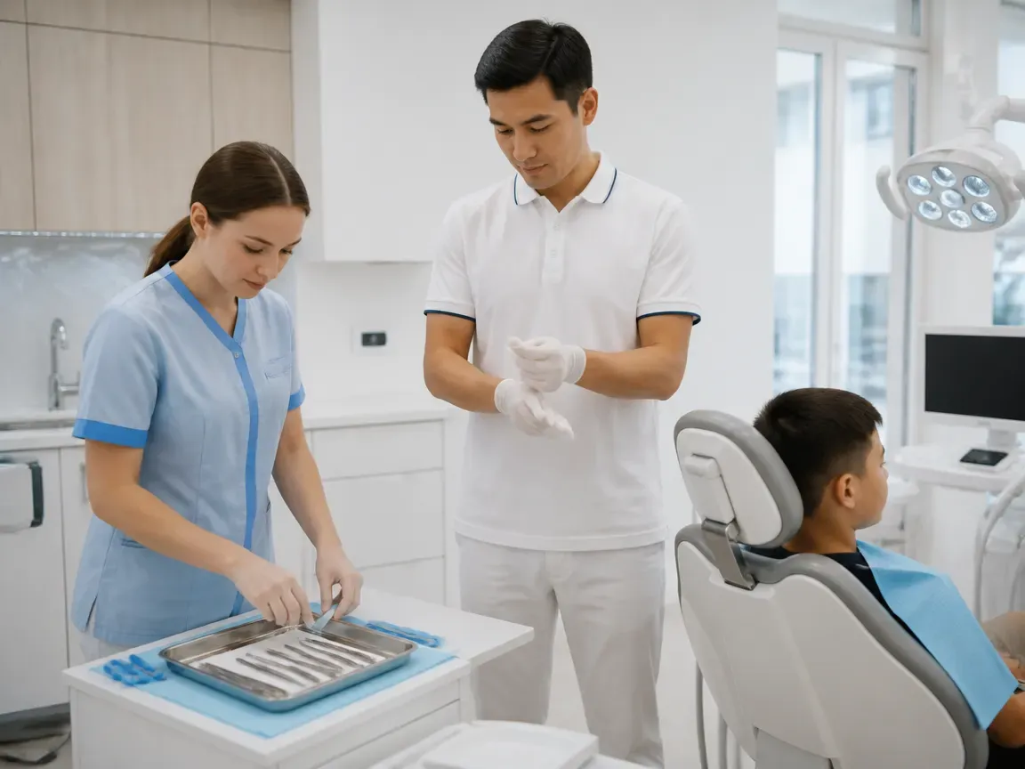 Preparation: the assistant lays out sterile instruments, the dentist puts on gloves — illustration for the section "Oral cavity preparation"