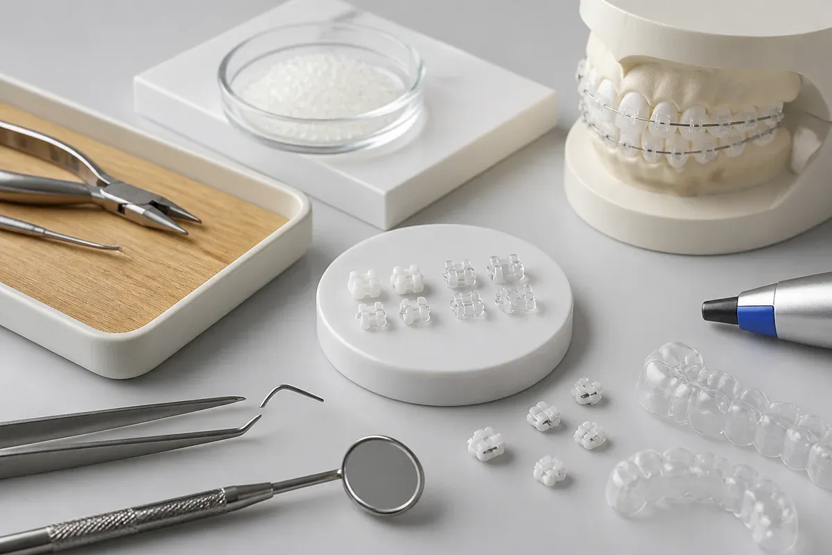 Instruments and materials for this type of treatment, laid out on a light surface — an illustration for the section "What material are plastic braces made of"