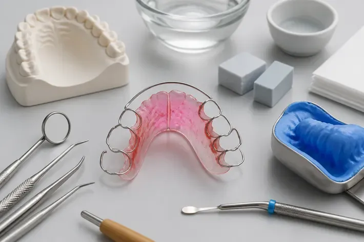 Instruments and materials for this type of treatment, laid out on a light surface — an illustration for the section "Removable upper jaw plate"