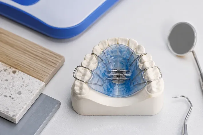 A jaw model and material samples on the dentist's table next to a mirror and probe — an illustration for the section "Plate with an expansion screw for widening the dental arch"