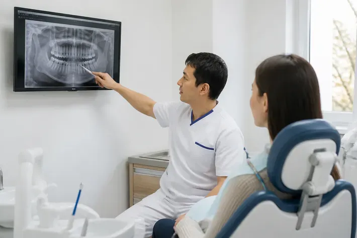 The doctor shows the patient an image on the screen and explains the treatment plan — an illustration for the section "Braces for adults"