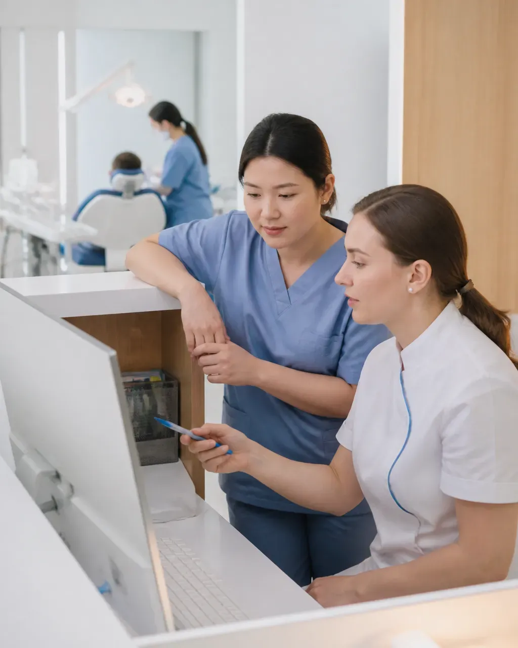 Clinic administrators check the appointment schedule on the screen at the front desk