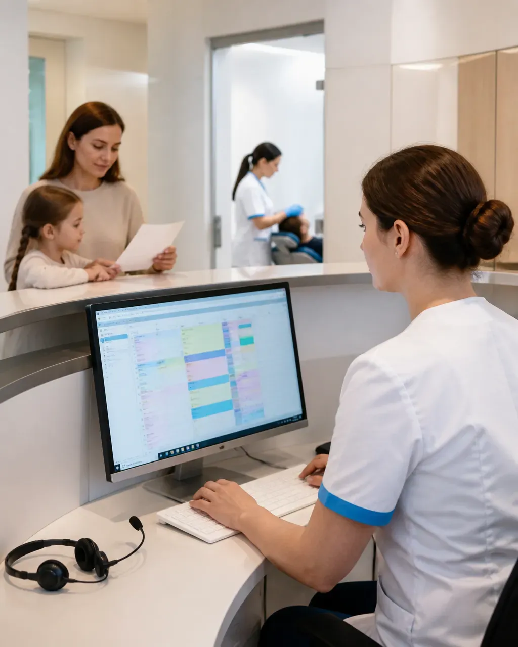 The clinic administrator answers patient messages at the front desk