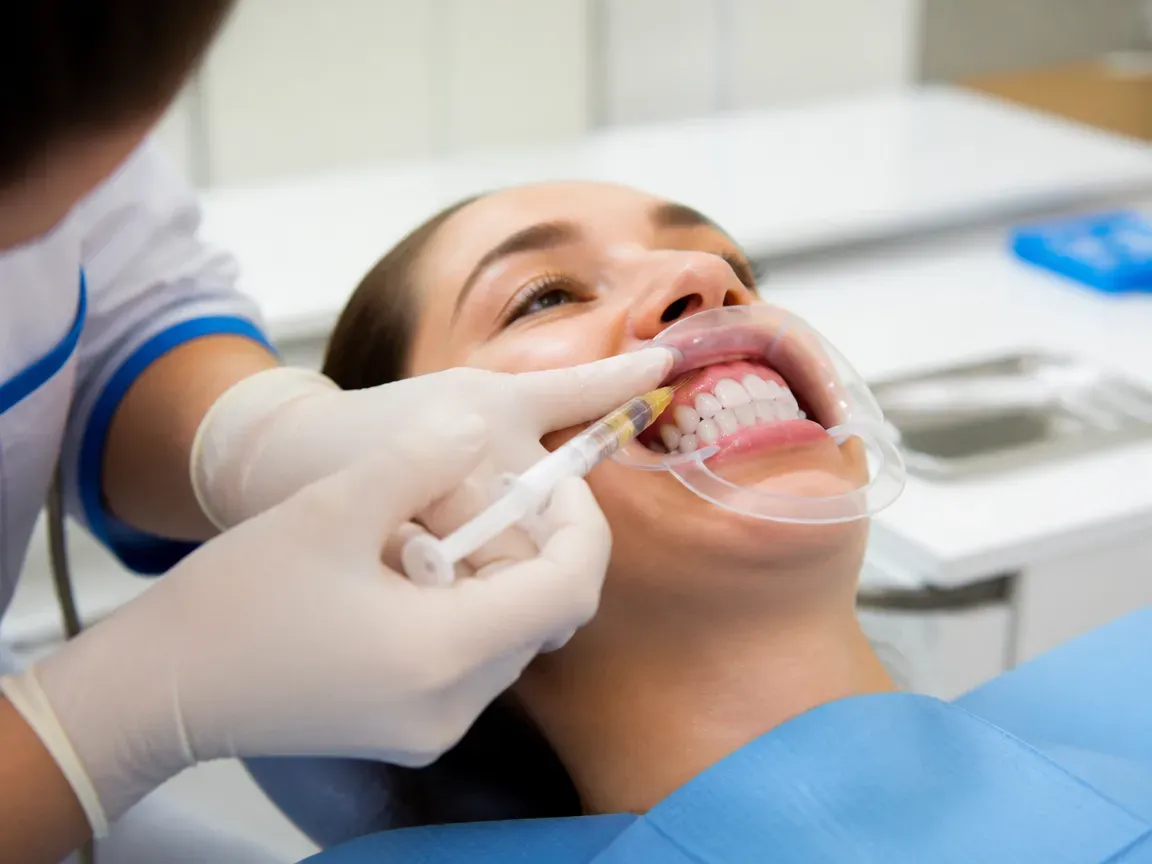 The treatment stage itself: the doctor's gloved hands working inside the oral cavity — an illustration for the section "Injections into the gum"