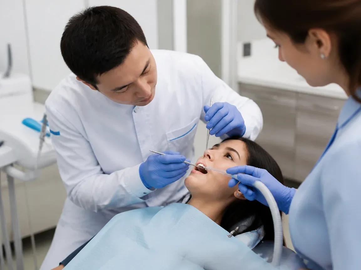 Follow-up visit: the dentist checks the result with a mirror while the assistant holds the saliva ejector — illustration for the section "Observation after the session"