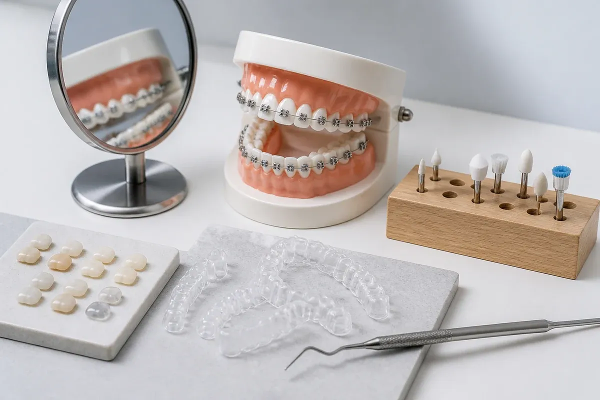 A jaw model and material samples on the dentist's table next to a mirror and probe — an illustration for the section "Restrictions after the procedure"