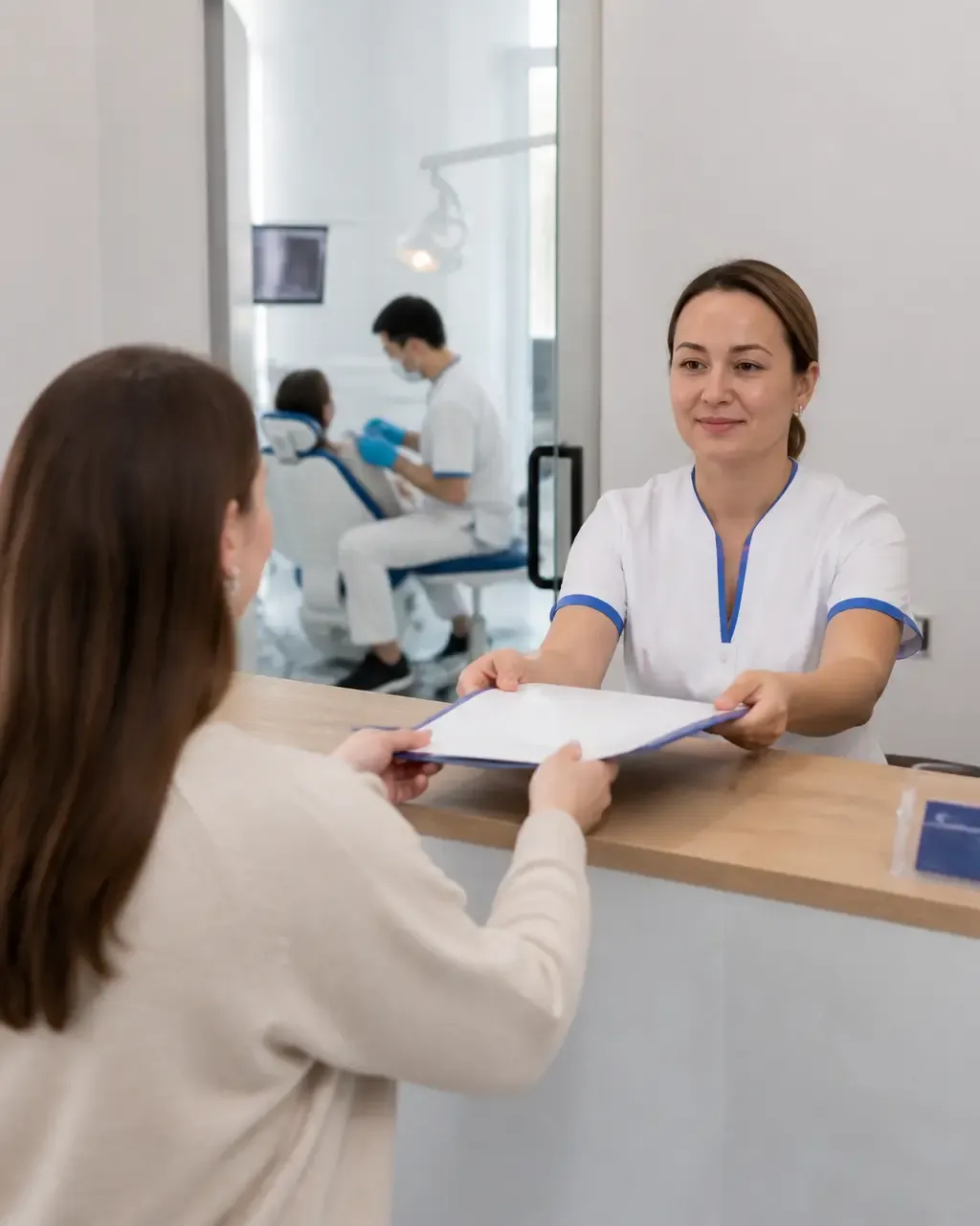 The clinic administrator gives the patient a treatment plan at the front desk