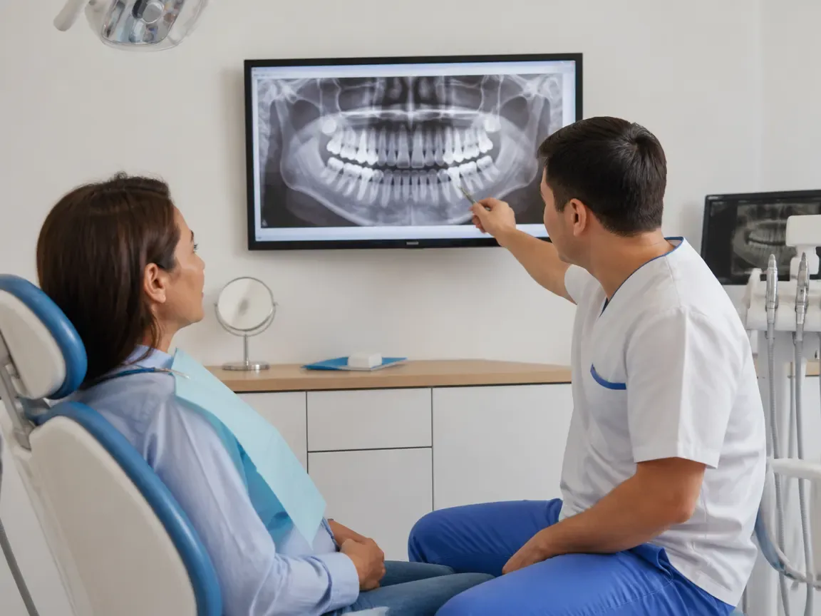 Consultation: doctor and patient at a screen with an X-ray — illustration for the section "Examination and Preparation"