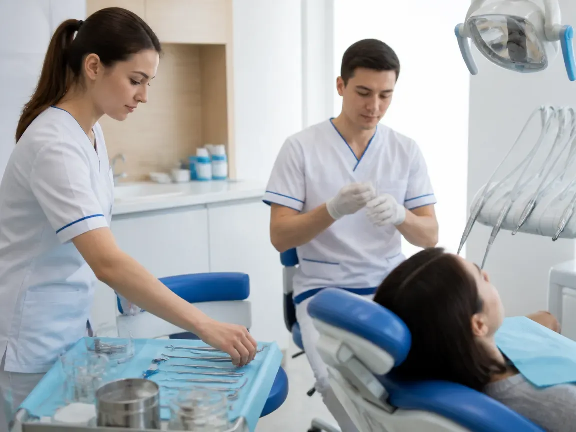 Preparation: the assistant lays out sterile instruments, the dentist puts on gloves — illustration for the Anesthesia section