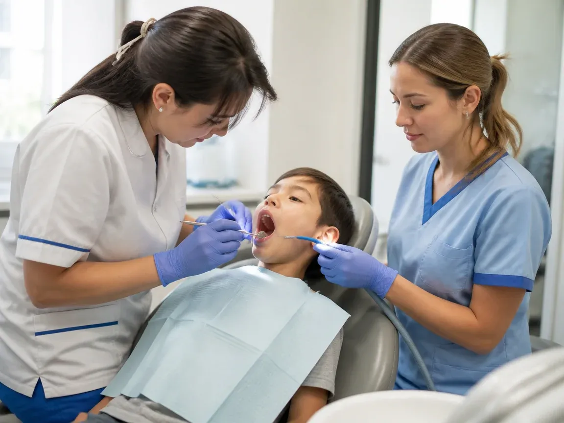 Follow-up visit: the dentist checks the result with a mirror while the assistant holds the saliva ejector — illustration for the "After the procedure" section