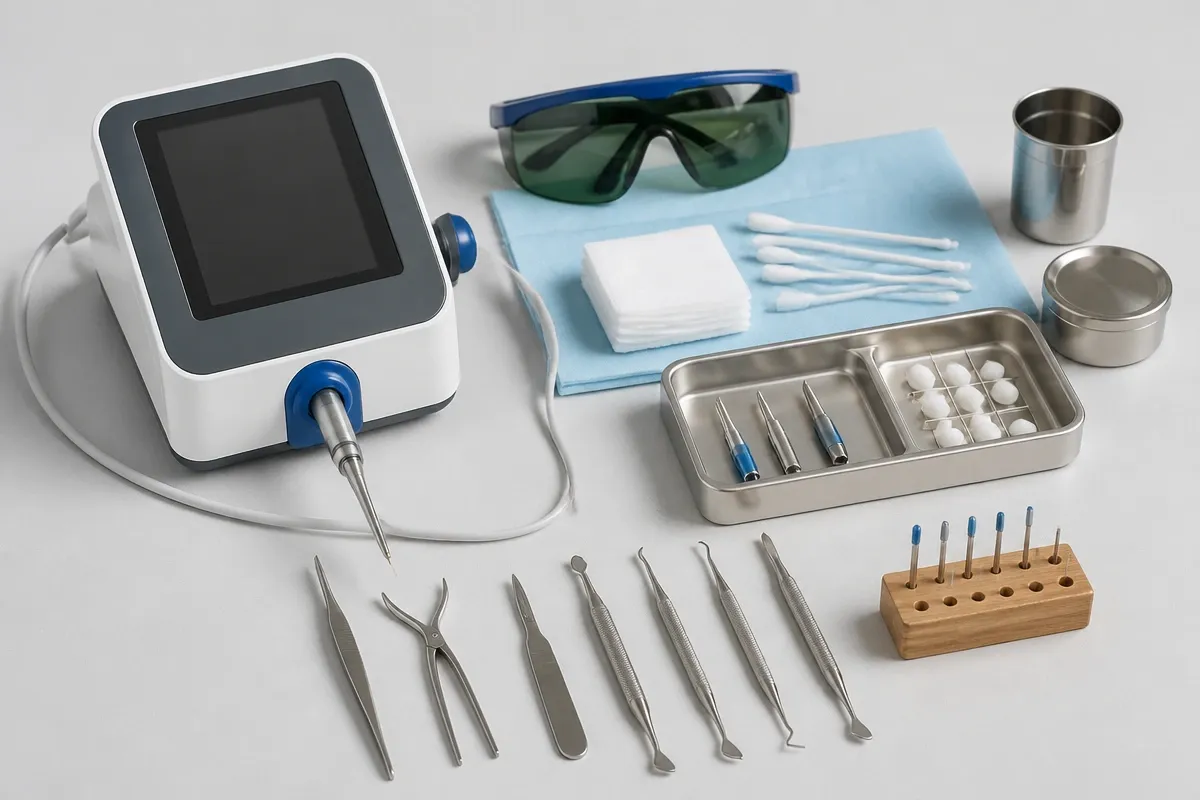 Instruments and materials for this type of treatment, laid out on a light surface — an illustration for the Frenulotomy section