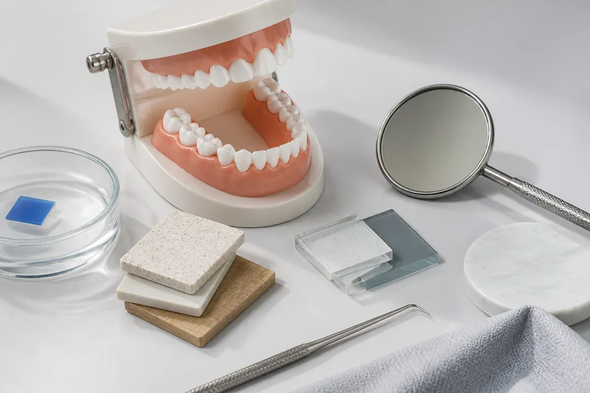 A jaw model and material samples on the dentist's table next to a mirror and probe — an illustration for the "Complications and Contraindications" section