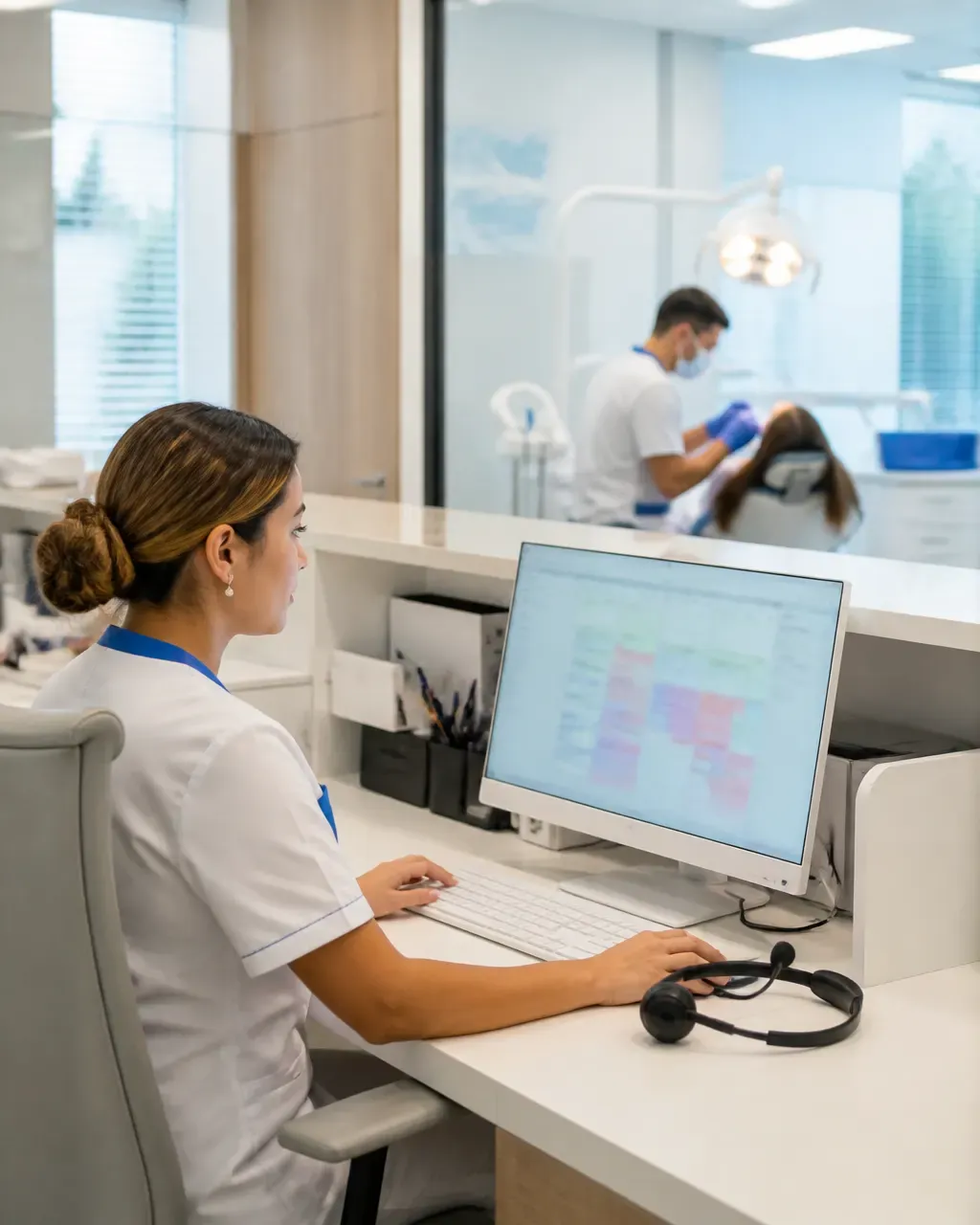 The clinic administrator answers patient messages at the front desk