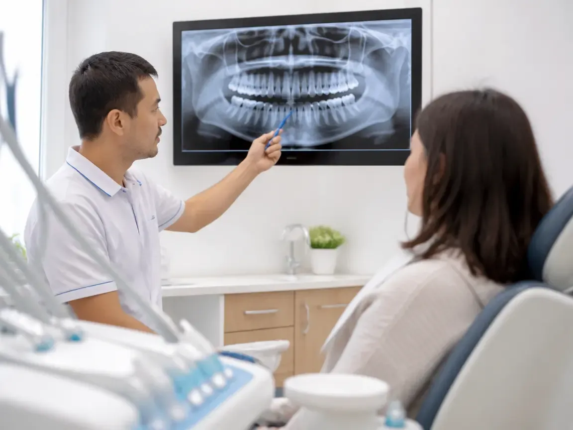 Consultation: doctor and patient at a screen with an X-ray — illustration for the section "How a child's frenectomy procedure is performed"