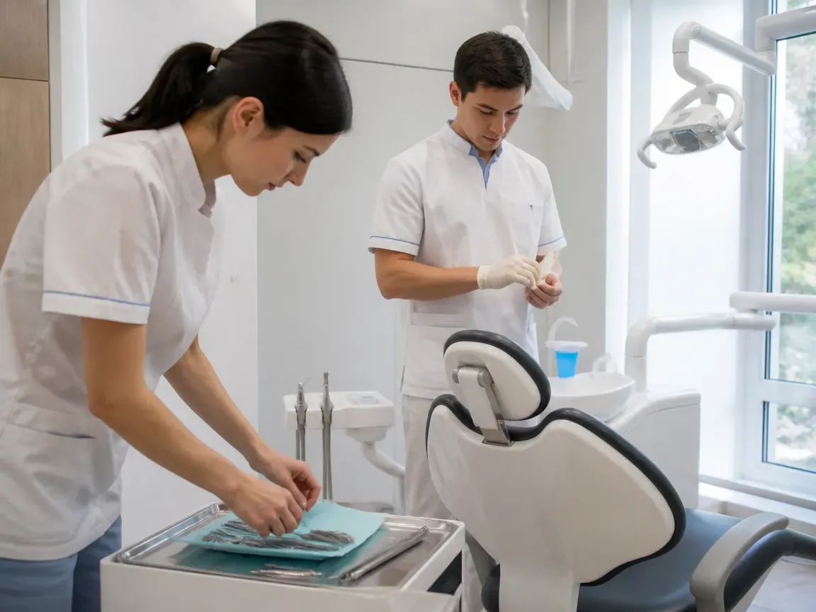 Preparation: the assistant lays out sterile instruments, the dentist puts on gloves — illustration for the "Preparing for your appointment" section