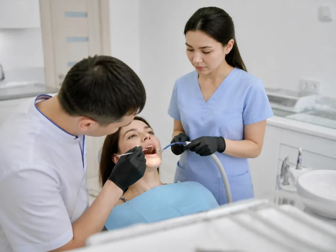 Follow-up visit: the dentist checks the result with a mirror while the assistant holds the saliva ejector — illustration for the section "Is there a warranty on the procedure?"