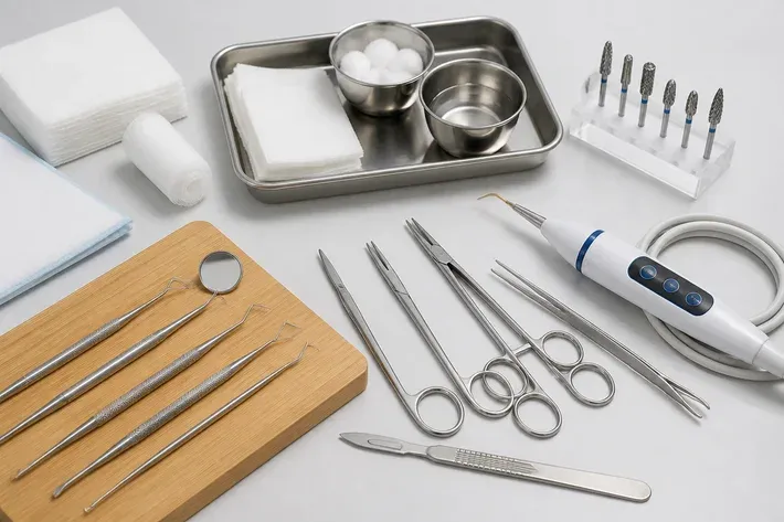 Instruments and materials for this type of treatment, laid out on a light surface — an illustration for the "Types of Intervention" section