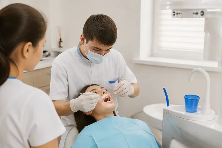 Chairside appointment: dentist at work, over-the-shoulder shot of the assistant — illustration for the section "What complications and contraindications may occur"
