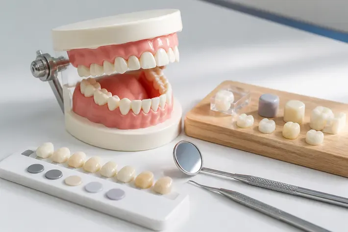 Jaw model and material samples on the doctor's table next to a mirror and probe — an illustration for the section "Which doctors perform frenectomy in children"