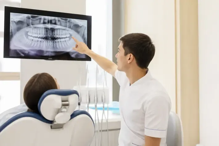 The doctor shows the patient an image on the screen and explains the treatment plan — an illustration for the section "Age-related indications"
