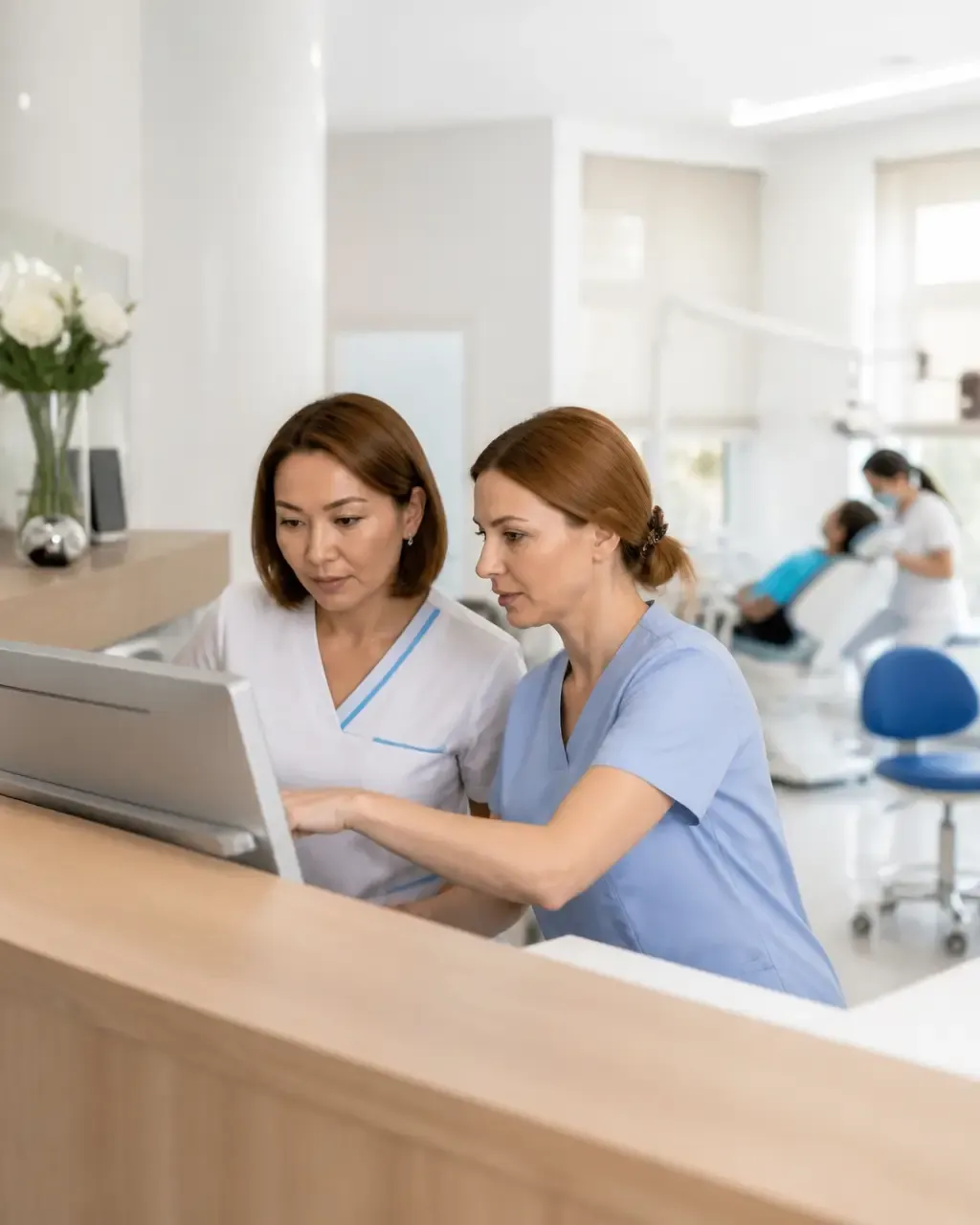 Clinic administrators check the appointment schedule on the screen at the front desk