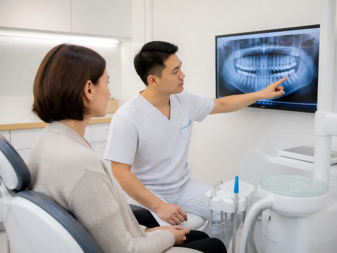 Consultation: doctor and patient at a screen with an X-ray — illustration for the "Consultation and Diagnostics" section