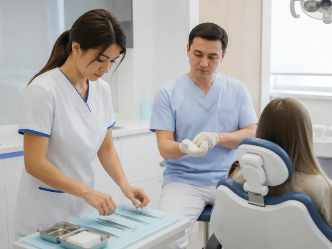 Preparation: the assistant lays out sterile instruments, the dentist puts on gloves — illustration for the section "Preparation and Anesthesia"