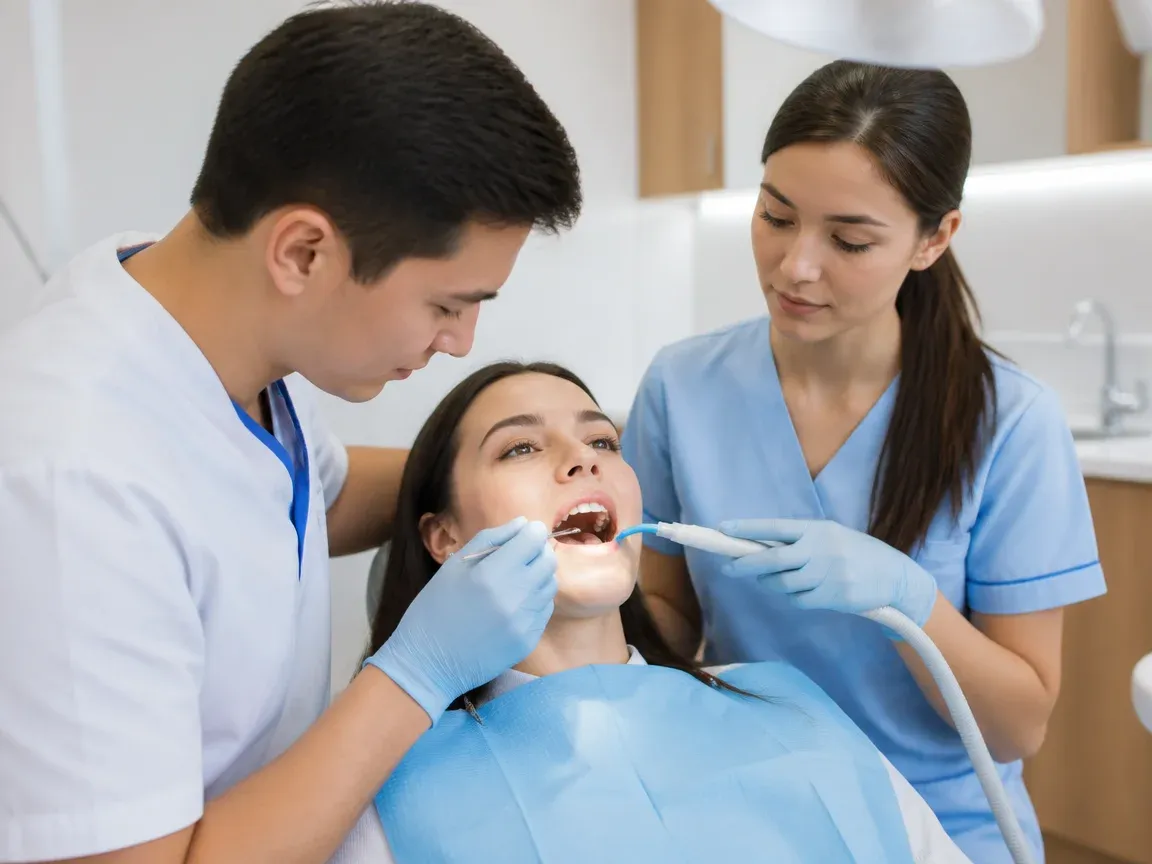Follow-up visit: the dentist checks the result with a mirror while the assistant holds the saliva ejector — illustration for the "Rehabilitation" section