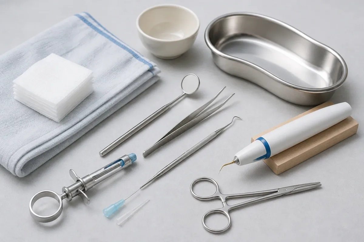 Instruments and materials for this type of treatment, laid out on a light surface — an illustration for the section "Types of tongue frenulum"