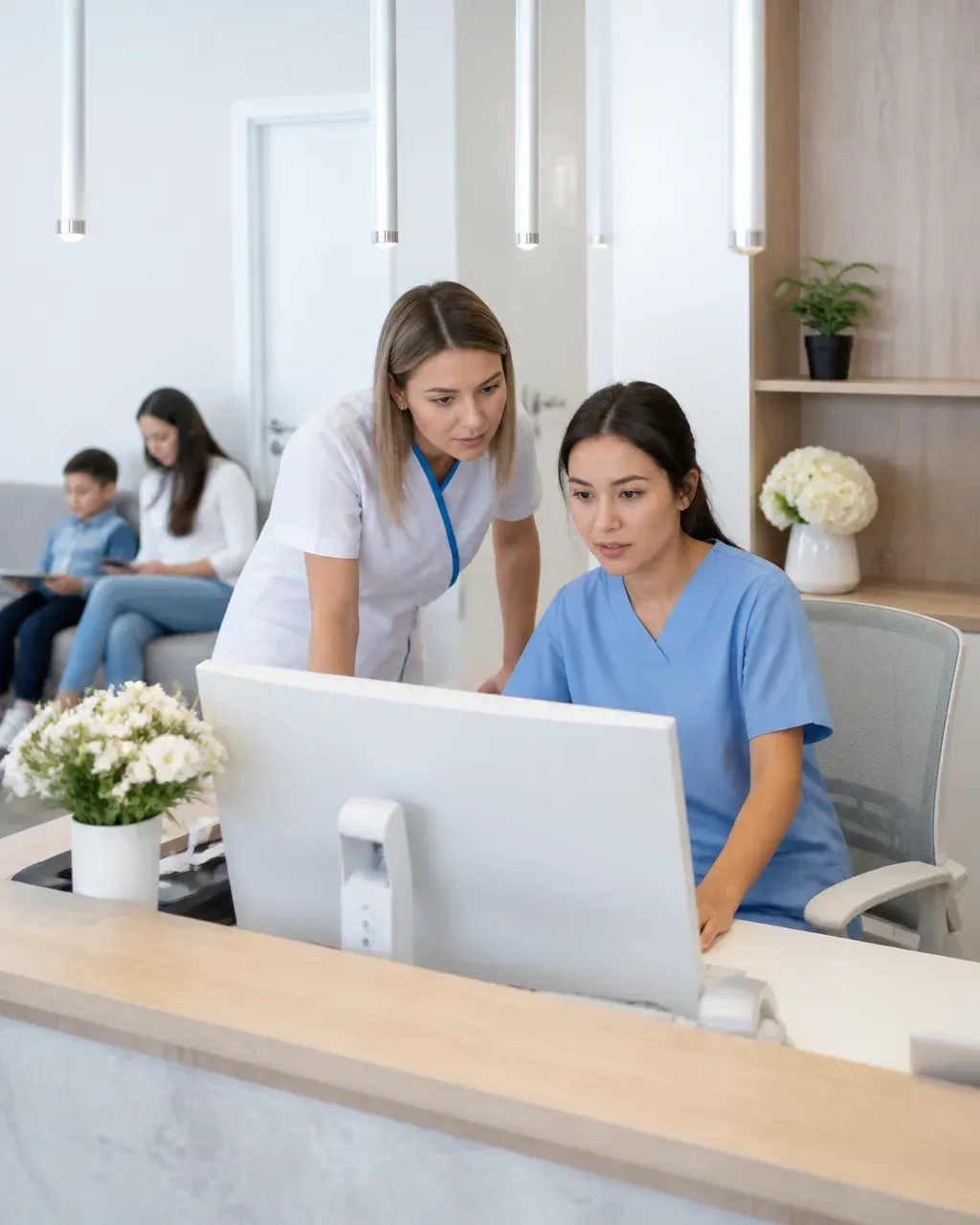 Clinic administrators check the appointment schedule on the screen at the front desk