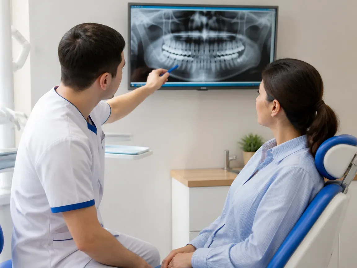 Consultation: doctor and patient at a screen with an X-ray — illustration for the section "Examination and treatment planning"