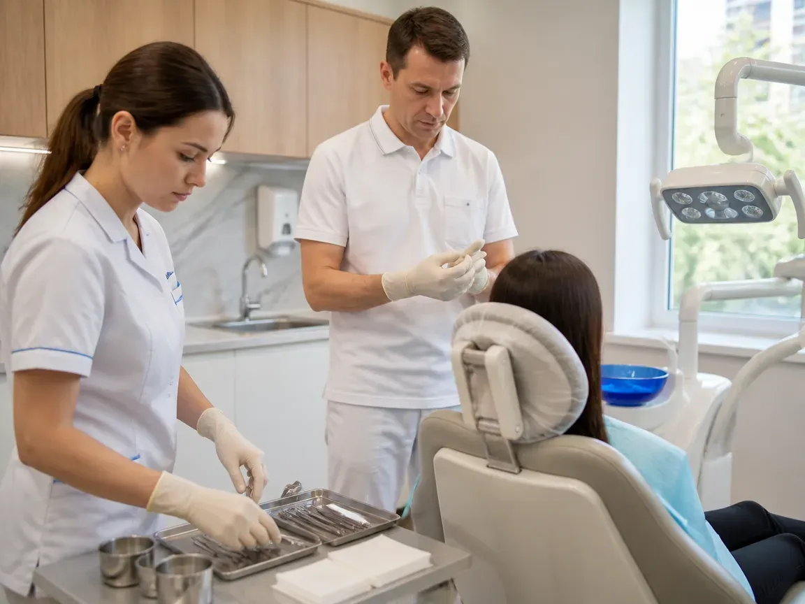Preparation: the assistant lays out sterile instruments, the dentist puts on gloves — illustration for the section "Scaling"