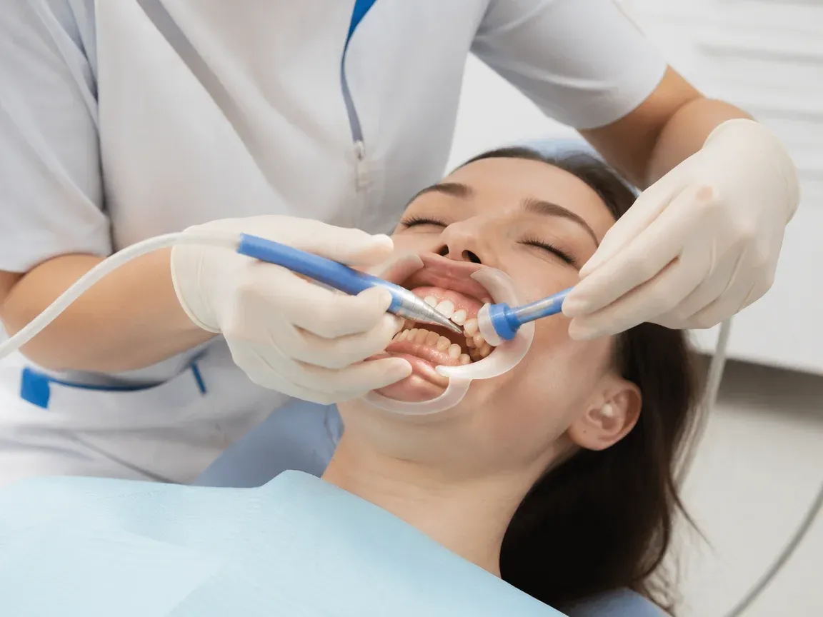 The treatment stage itself: the doctor's gloved hands working in the oral cavity — an illustration for the "Air Flow and polishing" section