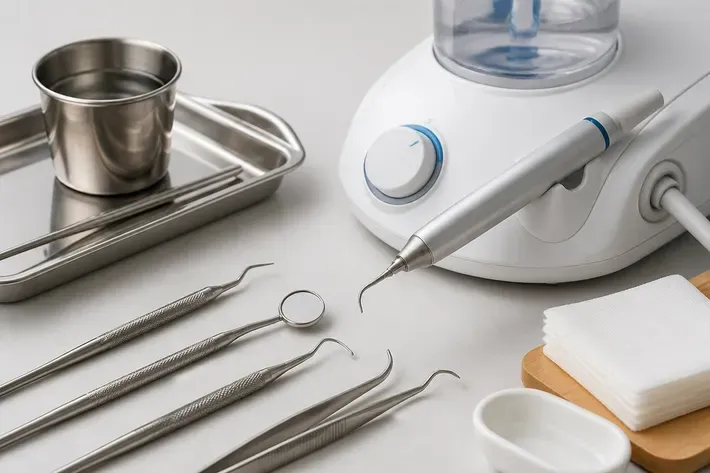 Instruments and materials for this type of treatment, laid out on a light surface — an illustration for the section "Ultrasonic Cleaning"
