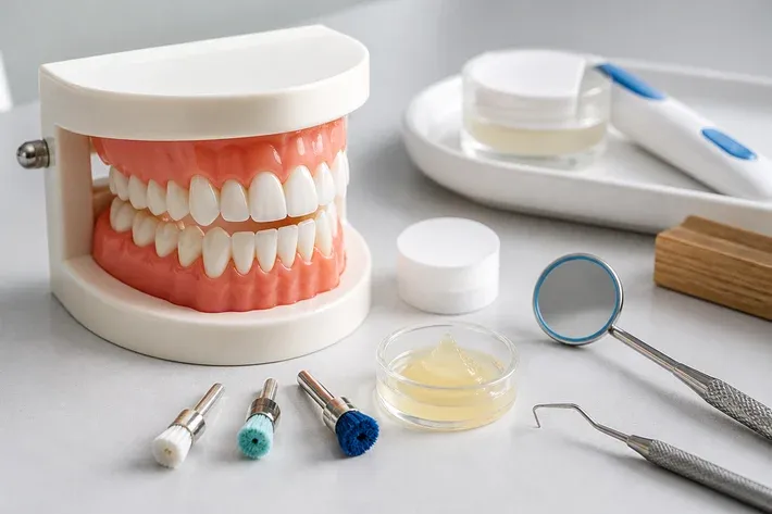 A jaw model and material samples on the dentist's table next to a mirror and probe — an illustration for the section "Polishing and Fluoridation"