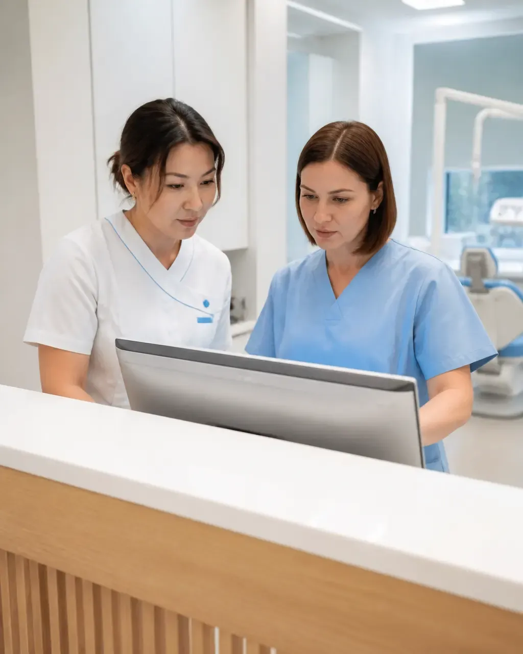 Clinic administrators check the appointment schedule on the screen at the front desk