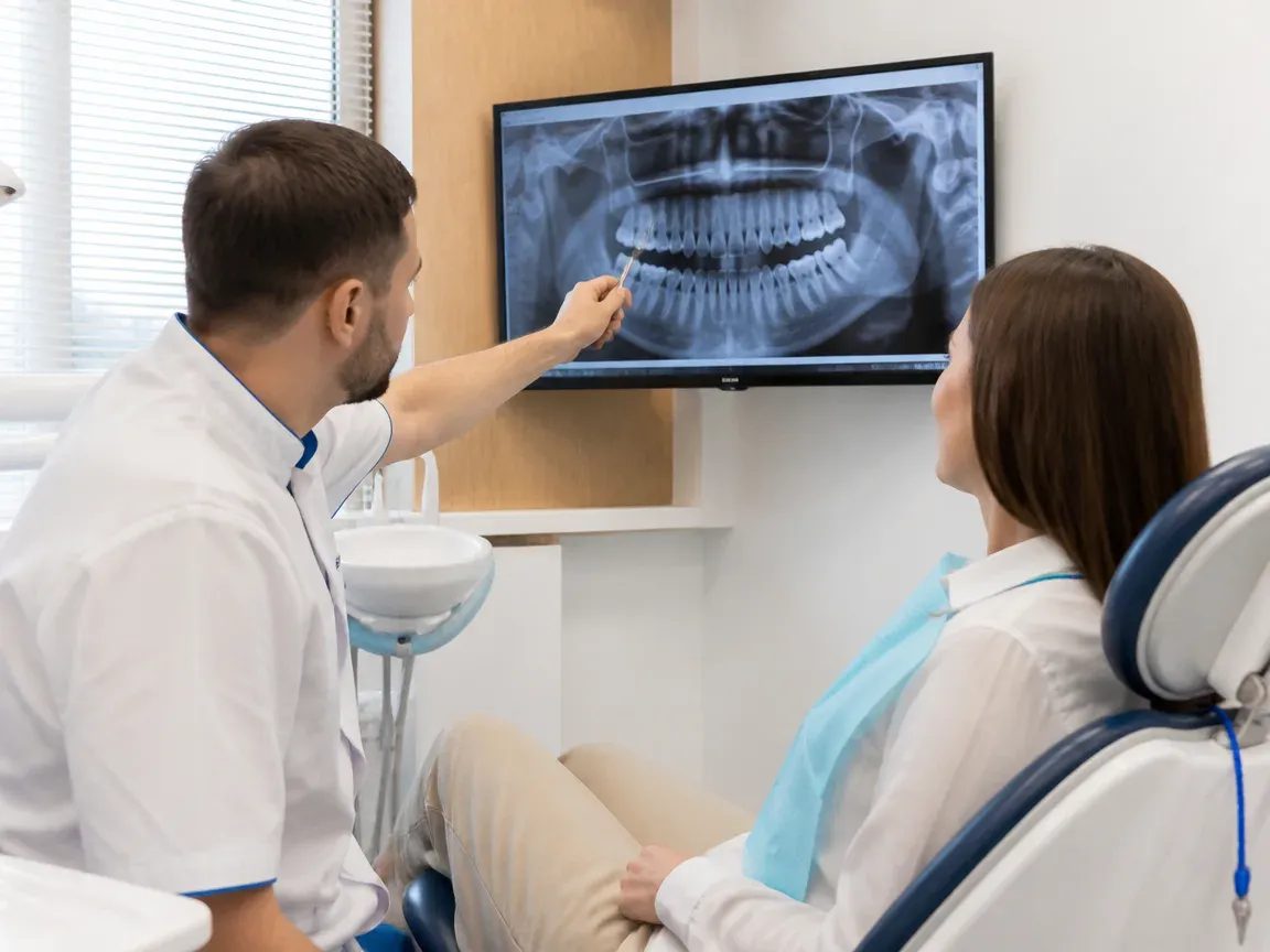 Consultation: doctor and patient at a screen with an X-ray — illustration for the section "Examination and treatment plan"