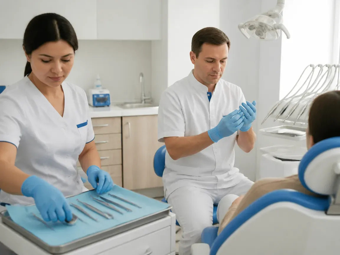 Preparation: the assistant lays out sterile instruments, the dentist puts on gloves — illustration for the "Impressions" section