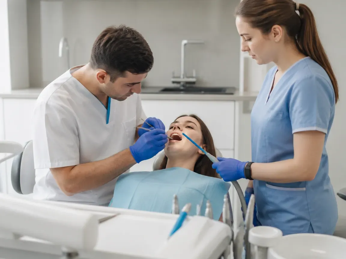 Follow-up visit: the dentist checks the result with a mirror while the assistant holds the saliva ejector — illustration for the "Fitting" section