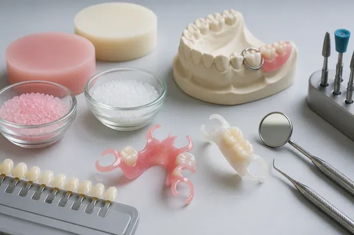 Instruments and materials for this type of treatment, laid out on a light surface — an illustration for the section "Acrylic resin"