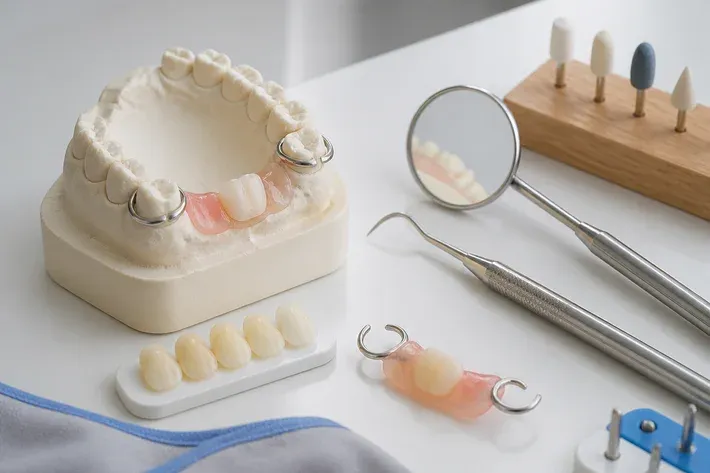 A jaw model and material samples on the dentist's table next to a mirror and probe — an illustration for the section "Acetal and flexible polymers"