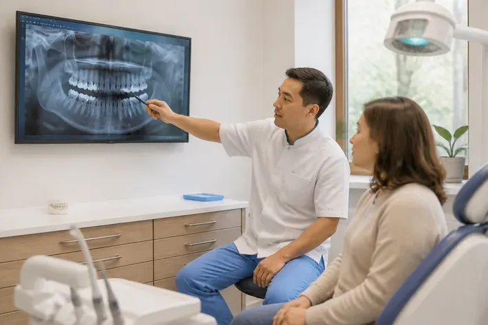 The doctor shows the patient the scan on the screen and explains the treatment plan — an illustration for the "Combined option" section