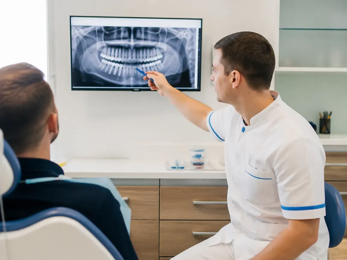 Consultation: doctor and patient at a screen with an X-ray — illustration for the section "Follow-up checkups after prosthetics"