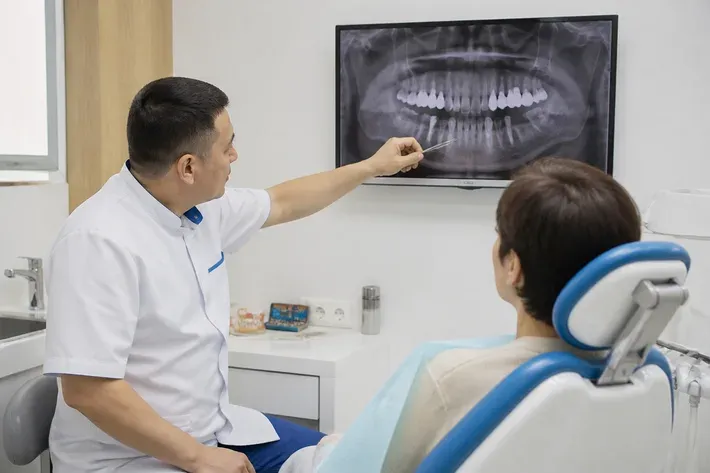 The doctor shows the patient the scan on the screen and explains the treatment plan — an illustration for the section "Removable implant-supported denture"